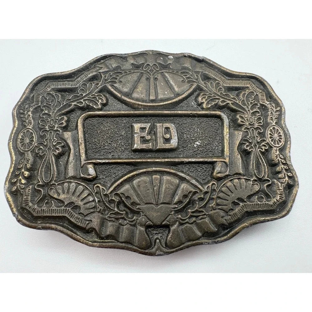 Vintage Nocona "ED" Nameplate Belt Buckle Western Style Floral Brass Finish - Picture 1 of 5